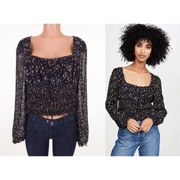 FREE PEOPLE L Floral Printed Lolita Peasant Top in Black Multi Floral - Picture 1 of 12